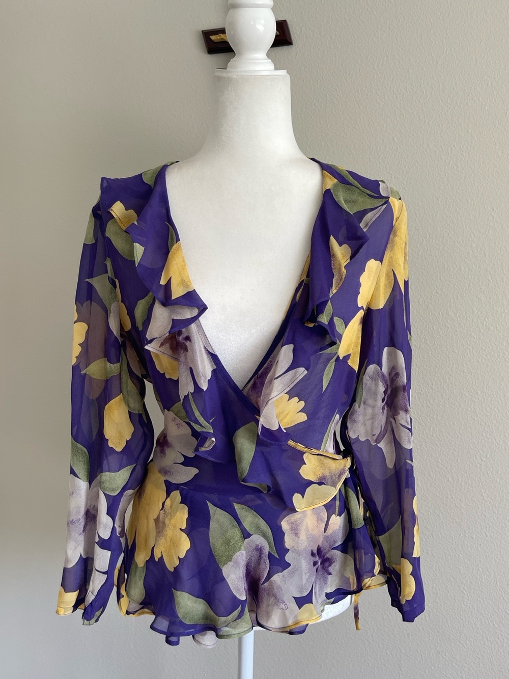 Spenser Jeremy Purple Floral Wrap Blouse with Yellow Accents
